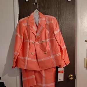 Women's Coral Plaid Double-Breasted Blazer